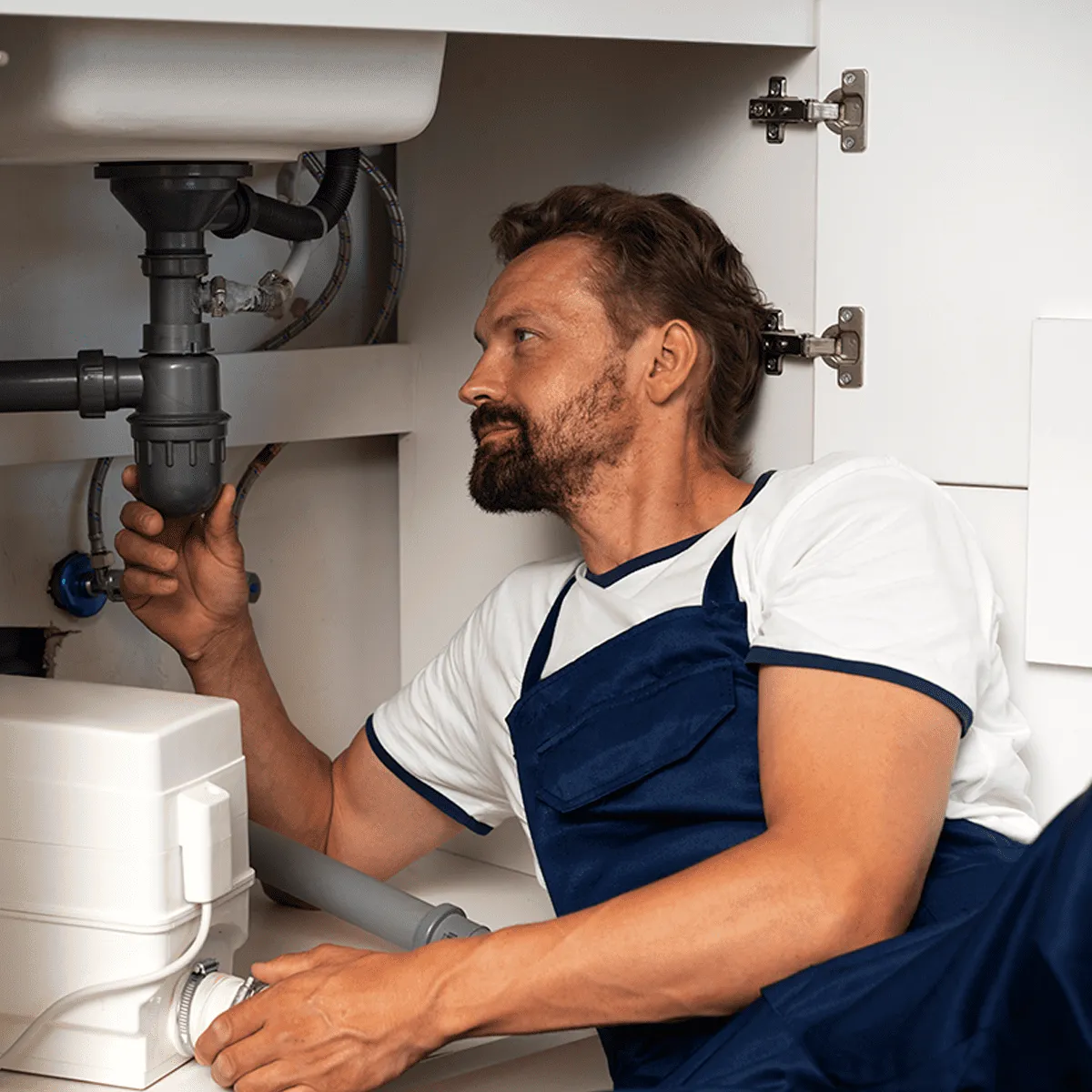 Fontanero trabajando junto al sifón de un lavabo